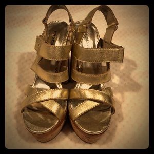 Bebe gold platform cork sandals
